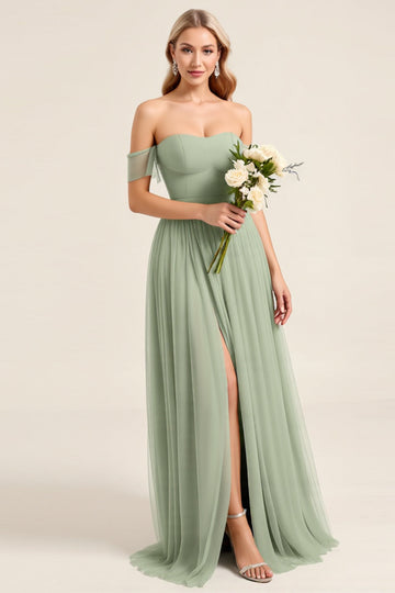 Matcha Mousseline Une Ligne Hors L’épaule Robe Longue Demoiselle D’honneur Avec Fente